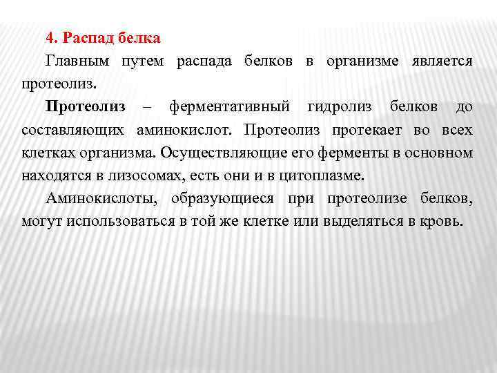 4. Распад белка Главным путем распада белков в организме является протеолиз. Протеолиз – ферментативный