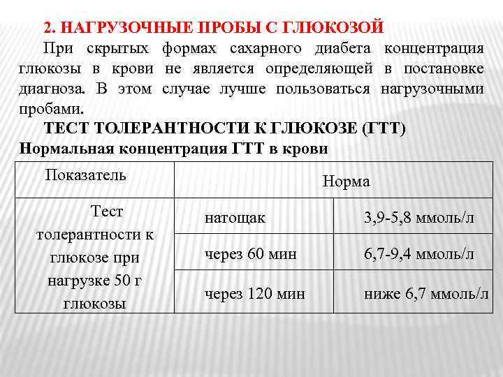 2. НАГРУЗОЧНЫЕ ПРОБЫ С ГЛЮКОЗОЙ При скрытых формах сахарного диабета концентрация глюкозы в крови