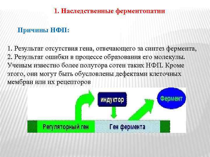 1. Наследственные ферментопатии Причины НФП: 1. Результат отсутствия гена, отвечающего за синтез фермента, 2.