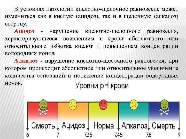 В условиях патологии кислотно-щелочное равновесие может измениться как в кислую (ацидоз), так и в