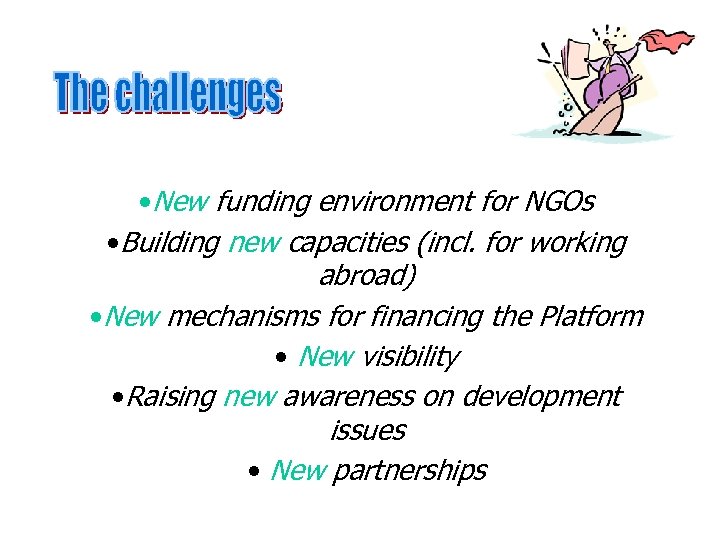  • New funding environment for NGOs • Building new capacities (incl. for working