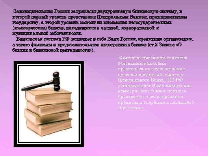 Законодательство России закрепляет двухуровневую банковскую систему, в которой первый уровень представлен Центральным Банком, принадлежащим