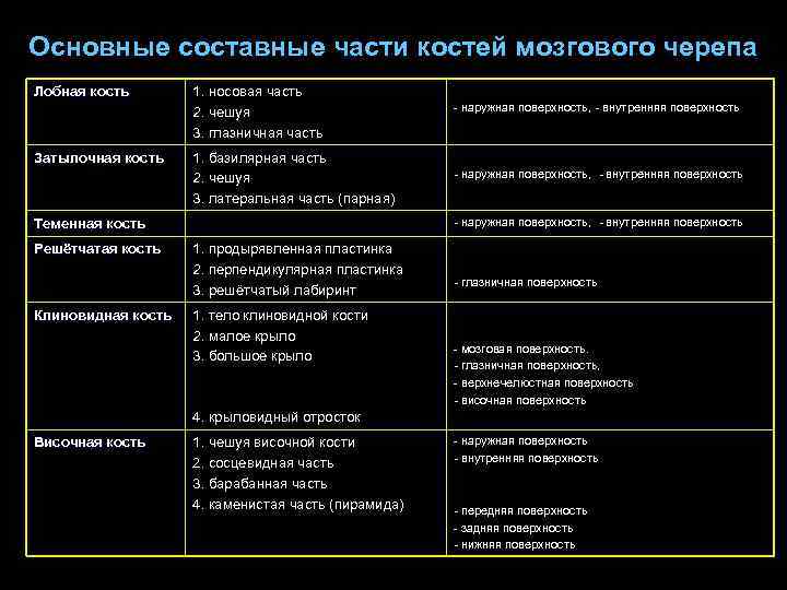 Основные составные части костей мозгового черепа Лобная кость Затылочная кость 1. носовая часть 2.