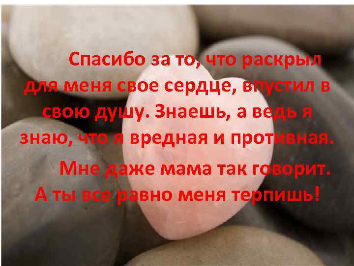 Спасибо за то, что раскрыл для меня свое сердце, впустил в свою душу. Знаешь,