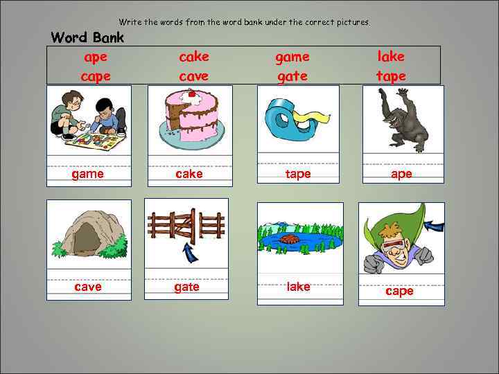 Write the words from the word bank under the correct pictures. Word Bank ape