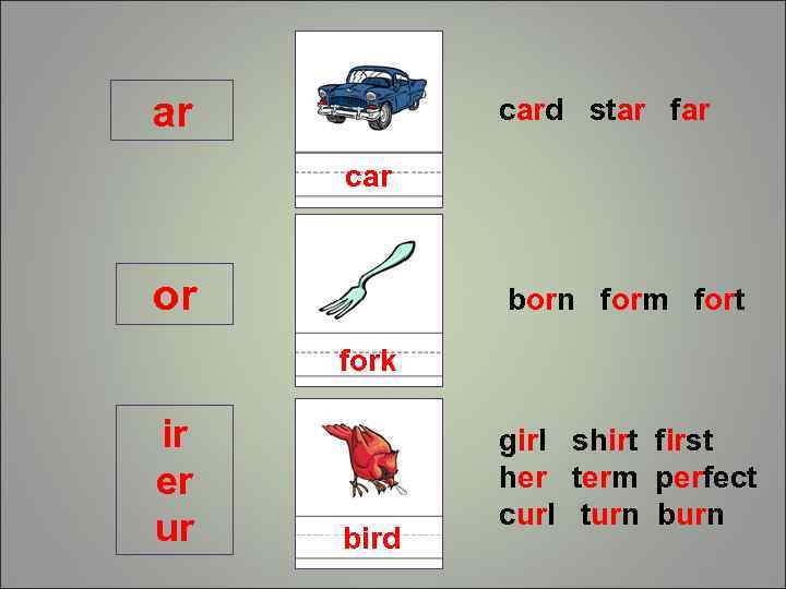 ar card star far car or born form fort fork ir er ur bird