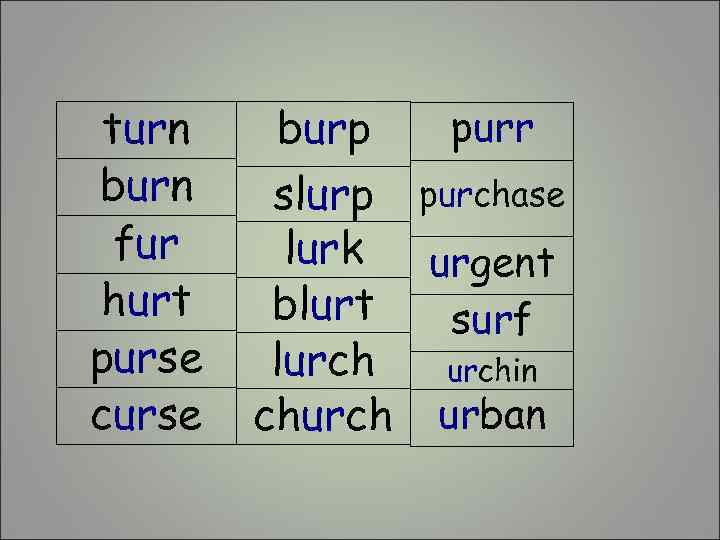turn burn fur hurt purse curse burp purr slurp purchase lurk urgent blurt surf