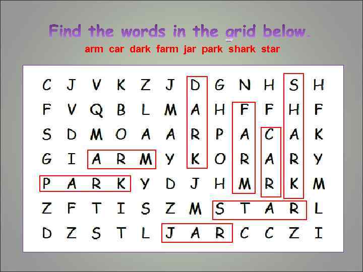 arm car dark farm jar park shark star 