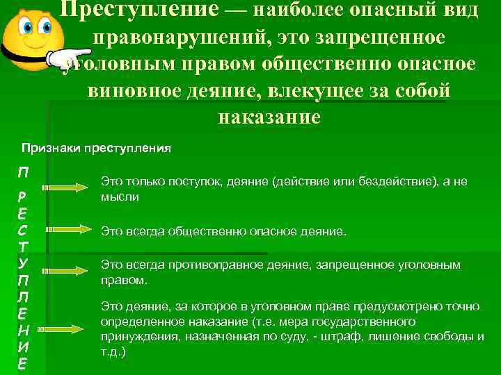 Преступление — наиболее опасный вид правонарушений, это запрещенное уголовным правом общественно опасное виновное деяние,