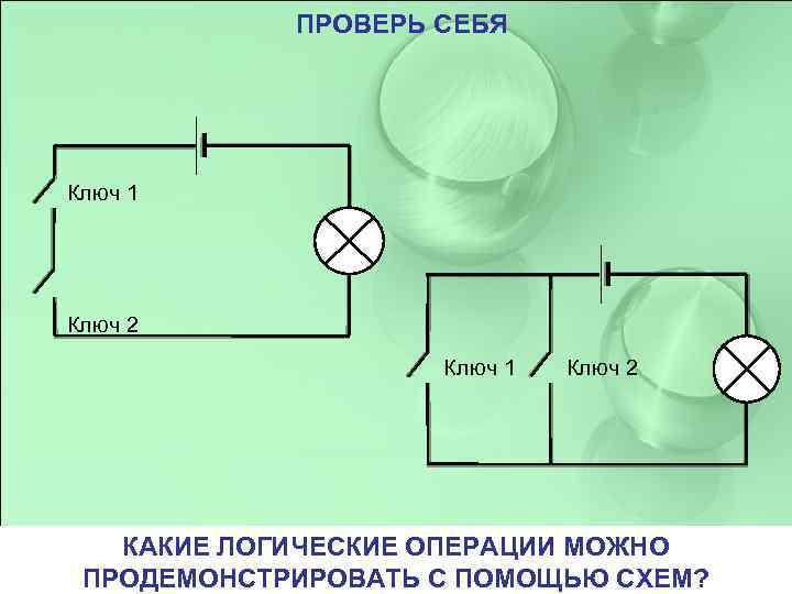 ПРОВЕРЬ СЕБЯ Ключ 1 Ключ 2 КАКИЕ ЛОГИЧЕСКИЕ ОПЕРАЦИИ МОЖНО ПРОДЕМОНСТРИРОВАТЬ С ПОМОЩЬЮ СХЕМ?