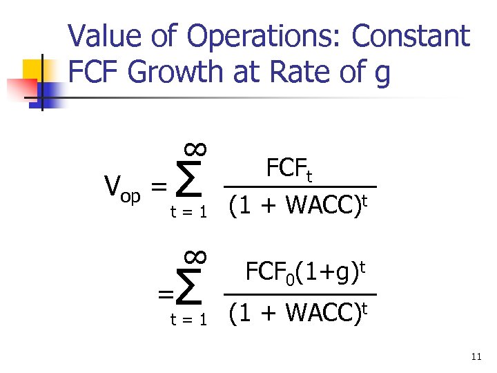 Value of Operations: Constant FCF Growth at Rate of g ∞ Vop = Σ