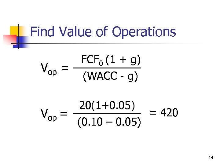 Find Value of Operations Vop = FCF 0 (1 + g) (WACC - g)