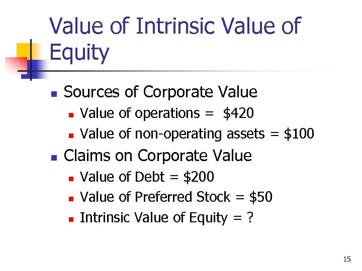 Value of Intrinsic Value of Equity n Sources of Corporate Value n n n