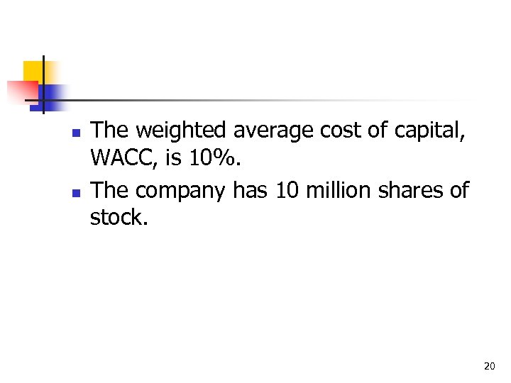 n n The weighted average cost of capital, WACC, is 10%. The company has