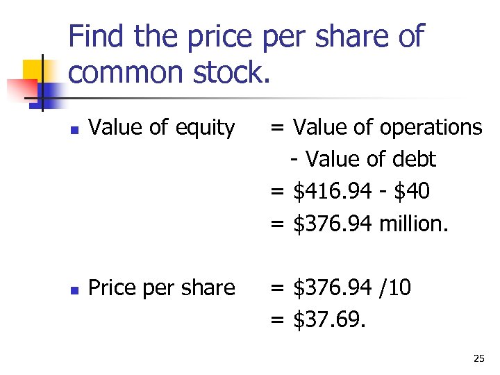 Find the price per share of common stock. n Value of equity = Value