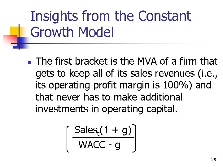 Insights from the Constant Growth Model n The first bracket is the MVA of