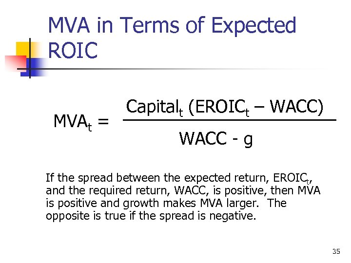 MVA in Terms of Expected ROIC MVAt = Capitalt (EROICt – WACC) WACC -