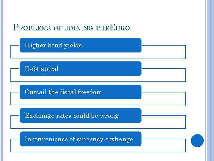 PROBLEMS OF JOINING THEEURO Higher bond yields Debt spiral Curtail the fiscal freedom Exchange
