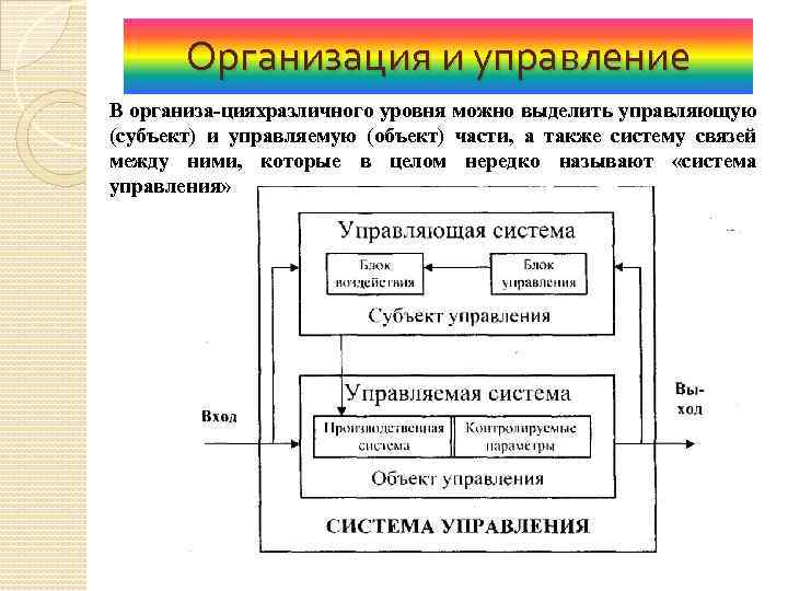 Организация и управление В организа цияхразличного уровня можно выделить управляющую (субъект) и управляемую (объект)