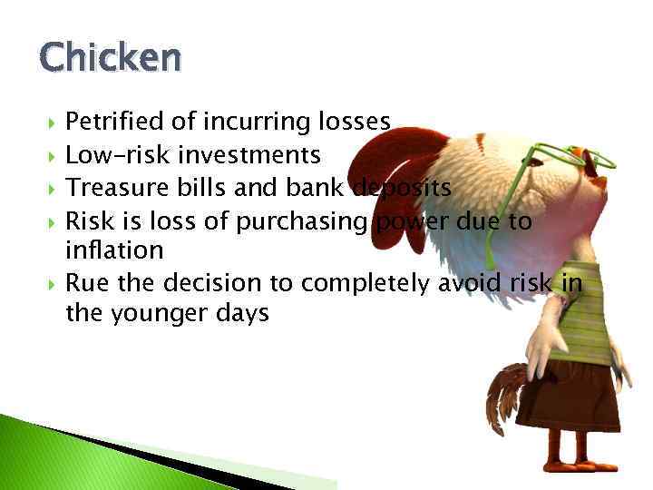 Chicken Petrified of incurring losses Low-risk investments Treasure bills and bank deposits Risk is