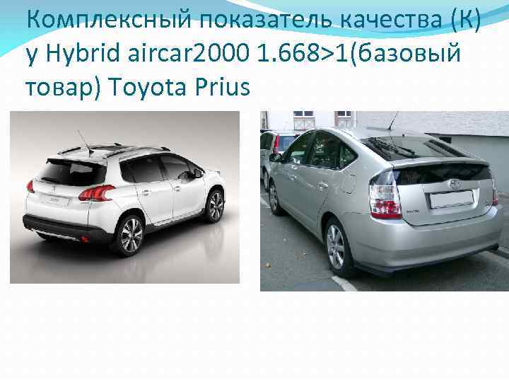 Комплексный показатель качества (К) у Hybrid aircar 2000 1. 668>1(базовый товар) Toyota Prius 