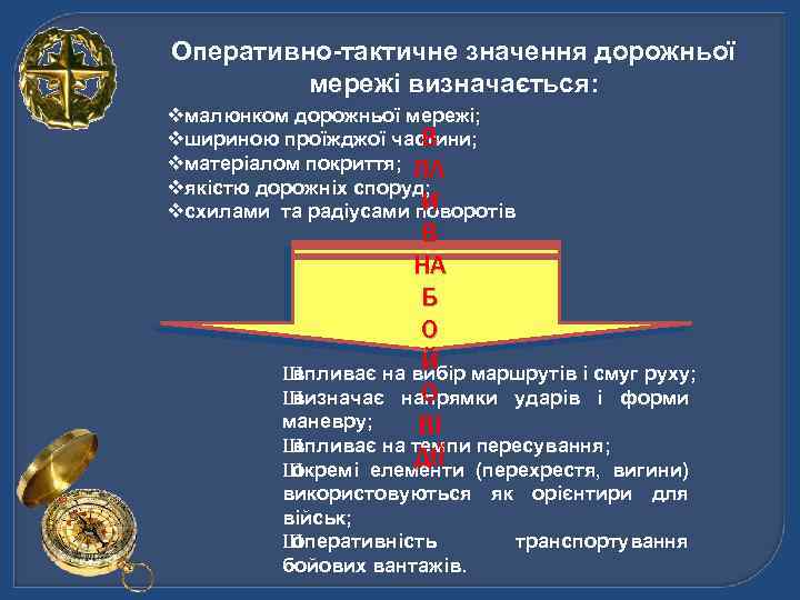 Оперативно-тактичне значення дорожньої мережі визначається: vмалюнком дорожньої мережі; В vшириною проїжджої частини; vматеріалом покриття;