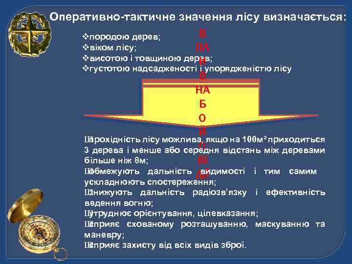 Оперативно-тактичне значення лісу визначається: В vпородою дерев; vвіком лісу; ПЛ vвисотою і товщиною дерев;