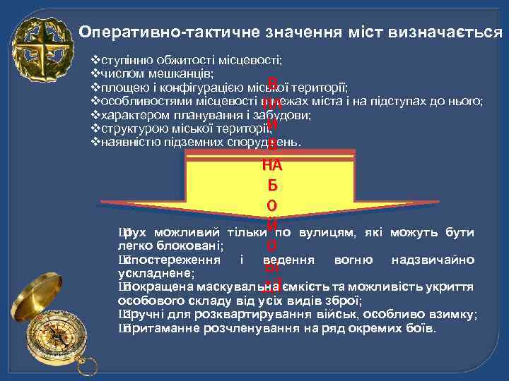 Оперативно-тактичне значення міст визначається vступінню обжитості місцевості; vчислом мешканців; В vплощею і конфігурацією міської