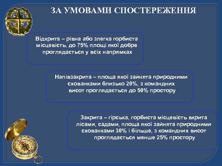 ЗА УМОВАМИ СПОСТЕРЕЖЕННЯ Відкрита – рівна або злегка горбиста місцевість, до 75% площі якої