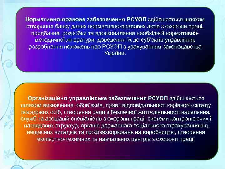 Нормативно-правове забезпечення РСУОП здійснюється шляхом створення банку даних нормативно-правових актів з охорони праці, придбання,
