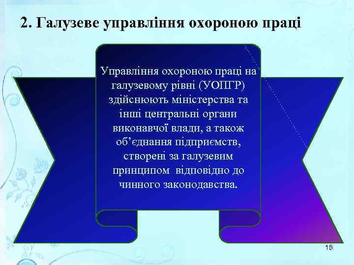 2. Галузеве управління охороною праці Управління охороною праці на галузевому рівні (УОПГР) здійснюють міністерства