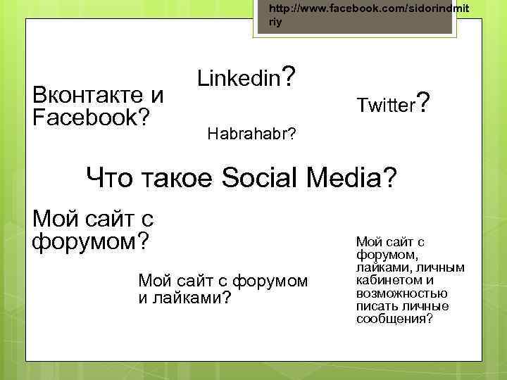 http: //www. facebook. com/sidorindmit riy Вконтакте и Facebook? Linkedin? Twitter? Habrahabr? Что такое Social