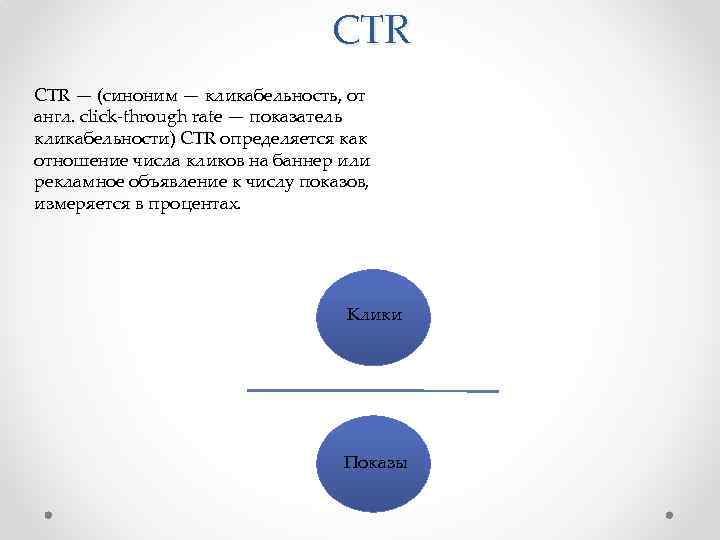 CTR — (синоним — кликабельность, от англ. click-through rate — показатель кликабельности) CTR определяется