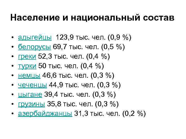 Население и национальный состав • • • адыгейцы 123, 9 тыс. чел. (0, 9