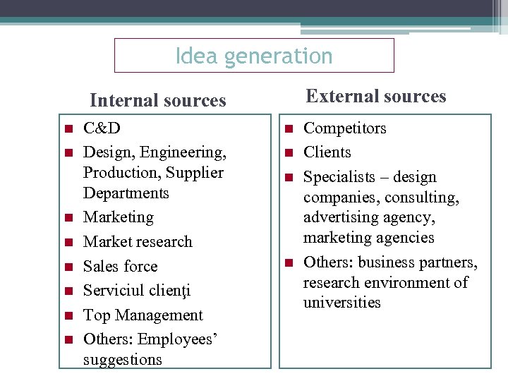 Idea generation External sources Internal sources n n n n C&D Design, Engineering, Production,