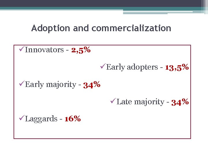 Adoption and commercialization üInnovators - 2, 5% üEarly adopters - 13, 5% üEarly majority