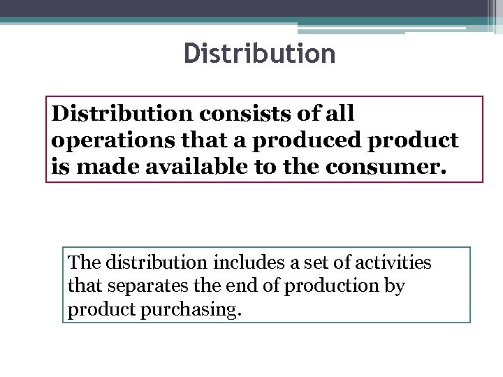 Distribution consists of all operations that a produced product is made available to the
