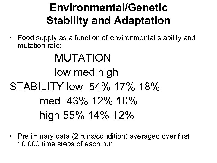 Environmental/Genetic Stability and Adaptation • Food supply as a function of environmental stability and