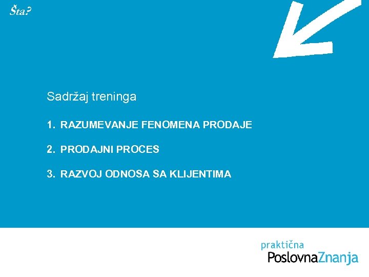 Šta? Sadržaj treninga 1. RAZUMEVANJE FENOMENA PRODAJE 2. PRODAJNI PROCES 3. RAZVOJ ODNOSA SA