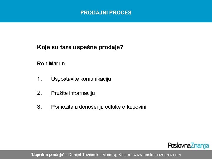 PRODAJNI PROCES Koje su faze uspešne prodaje? Ron Martin 1. Uspostavite komunikaciju 2. Pružite