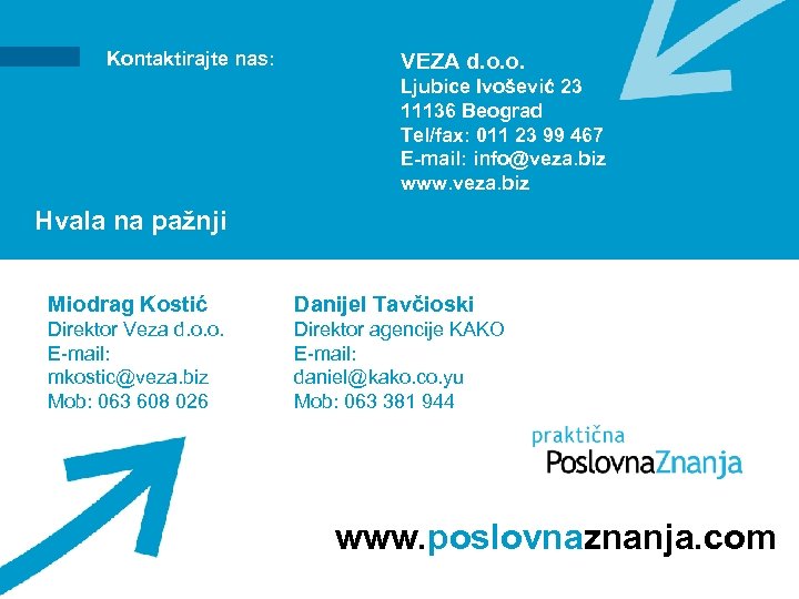 Kontaktirajte nas: VEZA d. o. o. Ljubice Ivošević 23 11136 Beograd Tel/fax: 011 23