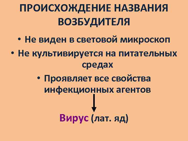 ПРОИСХОЖДЕНИЕ НАЗВАНИЯ ВОЗБУДИТЕЛЯ • Не виден в световой микроскоп • Не культивируется на питательных