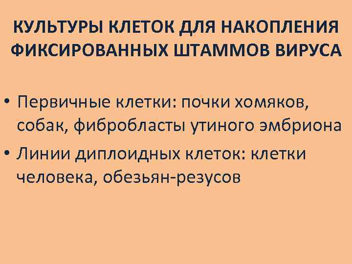 КУЛЬТУРЫ КЛЕТОК ДЛЯ НАКОПЛЕНИЯ ФИКСИРОВАННЫХ ШТАММОВ ВИРУСА • Первичные клетки: почки хомяков, собак, фибробласты