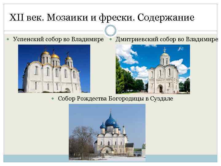 ХII век. Мозаики и фрески. Содержание Успенский собор во Владимире Дмитриевский собор во Владимире