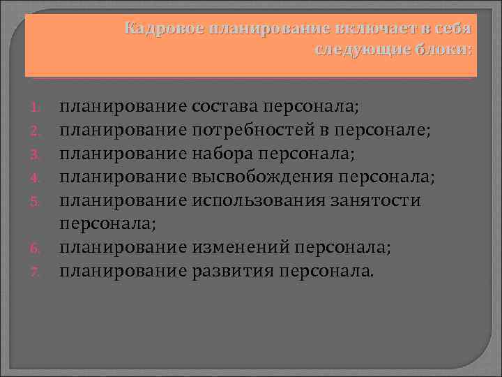 Кадровое планирование включает в себя следующие блоки: 1. 2. 3. 4. 5. 6. 7.