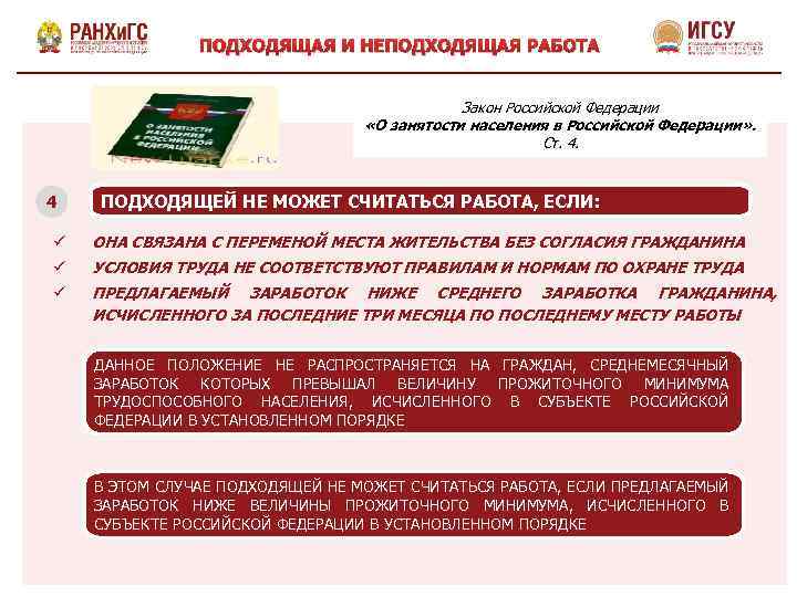 Ст 4. Понятие неподходящей работы. Понятие подходящей и неподходящей работы. Понятие подходящая работа. Подходящая и неподходящая работа Трудовое право.