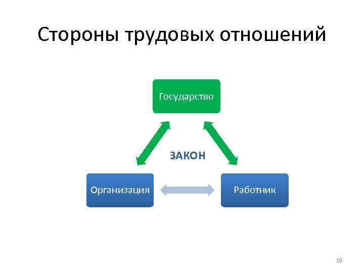 Стороны трудовых отношений Государство ЗАКОН Организация Работник 19 