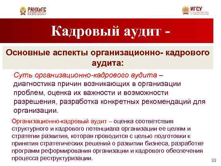 Кадровый аудит Основные аспекты организационно- кадрового аудита: Суть организационно-кадрового аудита – диагностика причин возникающих