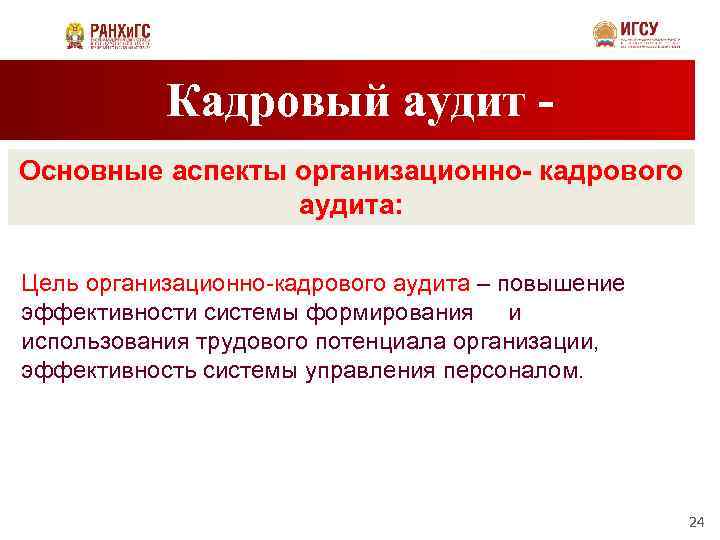 Кадровый аудит Основные аспекты организационно- кадрового аудита: Цель организационно-кадрового аудита – повышение эффективности системы