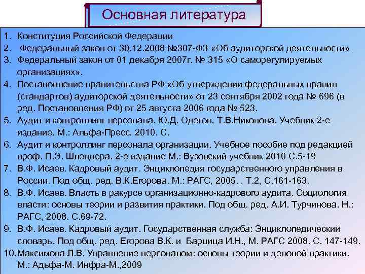 Основная литература 1. Конституция Российской Федерации 2. Федеральный закон от 30. 12. 2008 №